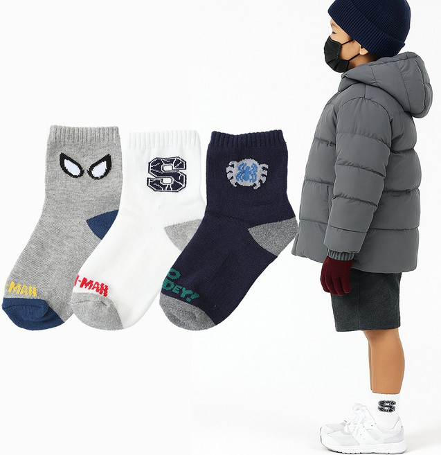 스파이더맨양말 3켤레 아동 남아 어린이 키즈 겨울 반파일 두꺼운 양말