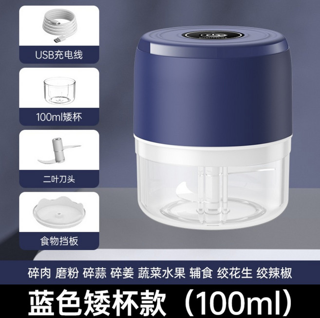 가정용 무선 미니 전동 마늘다지기 충전식 야채다지기 유아식 믹서기, 100ml- 블루 - 마늘 고기 다지기 가능, 1개
