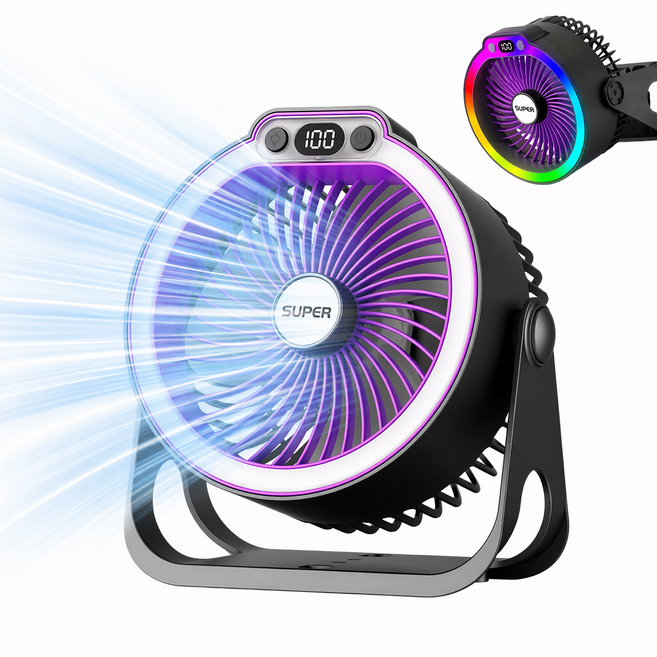 Craftsy LED 무드 조명 탁상용 선풍기 360도 상하회전 BLDC 모터 캠핑 사무실 걸이형 휴대용 무선 저소음 대용량 배터리 선풍기, 진회색, K8