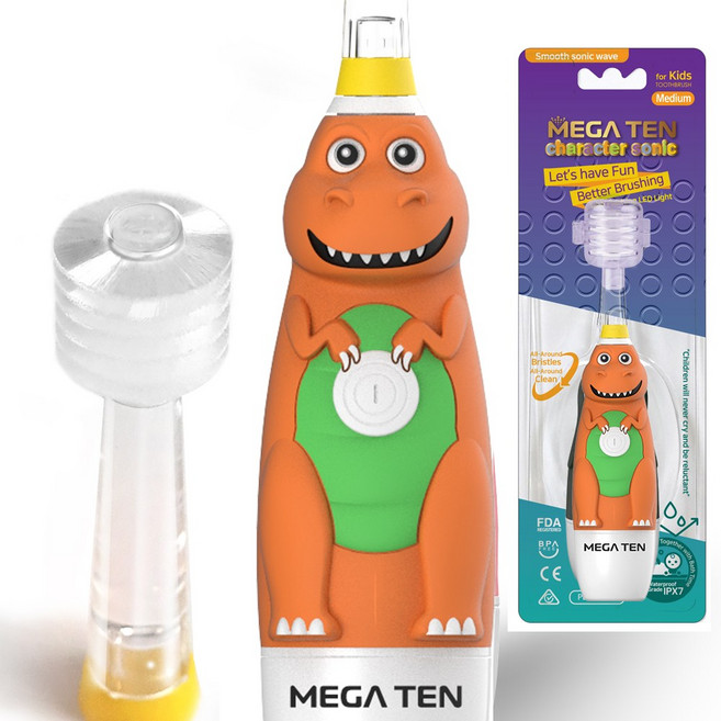 [메가텐] 공룡 캐릭터소닉 360도칫솔모 어린이용 부드러운 음파전동칫솔 싱글팩+헤드켑 (소프트 미디엄 리필 4P 별도옵션), 오렌지, 1세트, 공룡캐릭터음파전동칫솔 소프트, 소프트 (48개월미만)