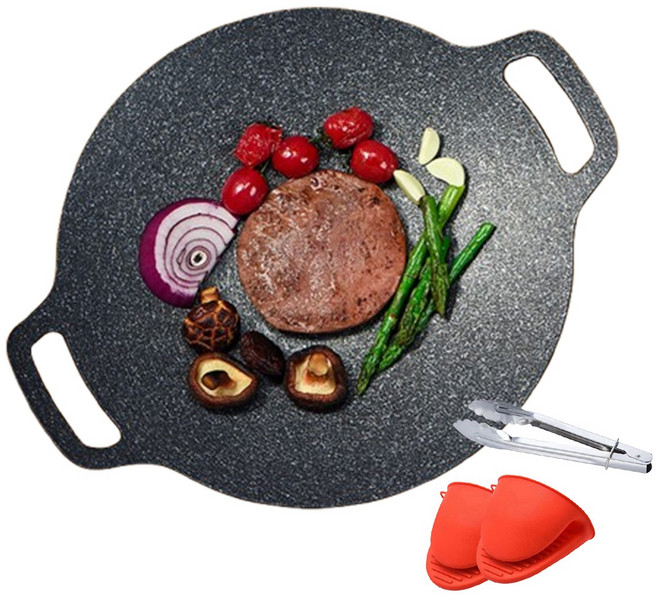 삼겹살 불판 고기구이 불판눌어붙지 않는 팬 인덕션 통용 캠핑 가정용 업소용 그리들팬+단열장갑+식품 집게, 1개, 34cm