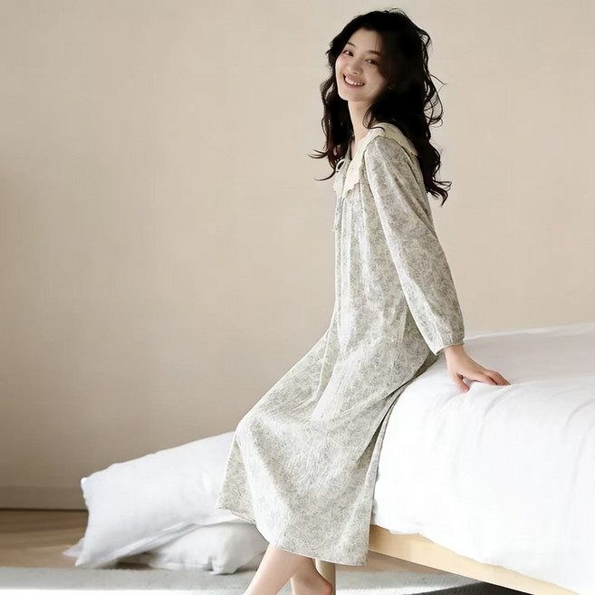Soyoonlife 여성 긴팔 면파자마 소프트 롱스커트 파자마 여성용 루즈핏 홈웨어 원피스 봄여름 잠옷