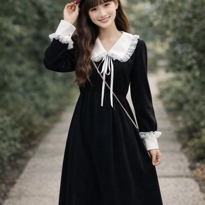 여성 러블리 빅카라 슬림핏 셔츠형 롱 원피스 긴팔 봄 가을