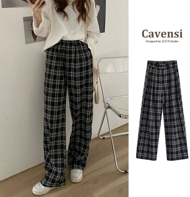 Cavensi 寬鬆顯瘦格子褲