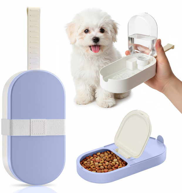 휴대용 접이식 물병+반려동물 사료병 2 in 1 반려견 반려묘 산책용, 1개, 파란색 + 흰색