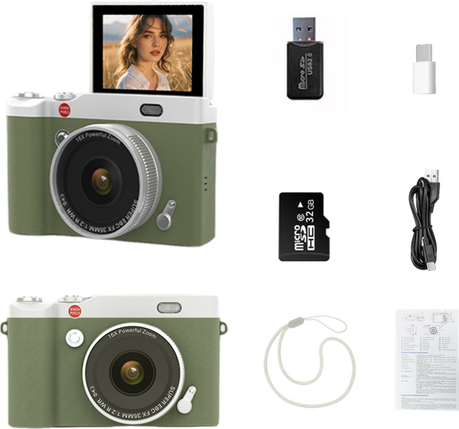 SMABAT 빈티지 디지털 카메라 Y2k 디지털 카메라 6400만 4K사진기 16배줌 SD카드 포함, 그린