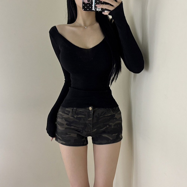 VANANA2 국내제작 골지 브이넥 긴팔티셔츠