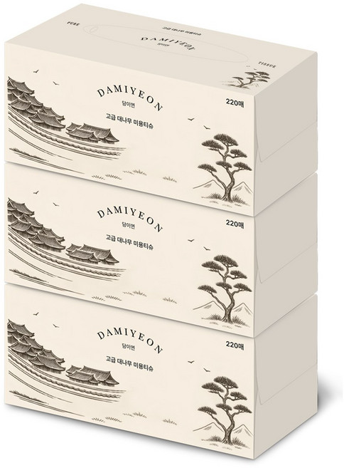 담이연 먼지없는 대나무 천연펄프 미용티슈 무형광 친환경 페이셜 갑티슈 220매 3개, 220매 x 3개