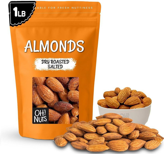 Oh! Nuts Almonds - 드라이 로스트 솔티드 0.5kg(1파운드) 갓 오븐 및 아몬드 탁월한 신선함을 위해 뉴욕 지퍼 씰 백에 포장131847, 1 Pound (Pack of 1)