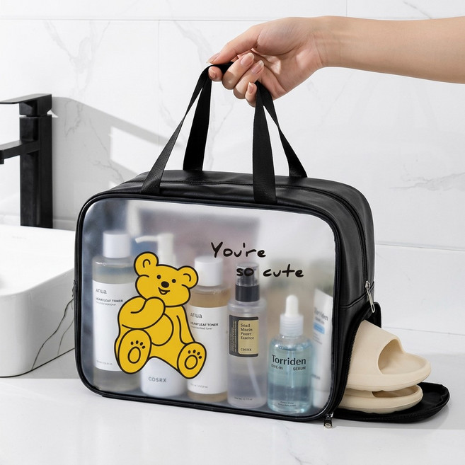 상덕 곰돌이 투명 화장품 파우치 목욕 가방 여행용 수납백 방수 목욕백, 블랙