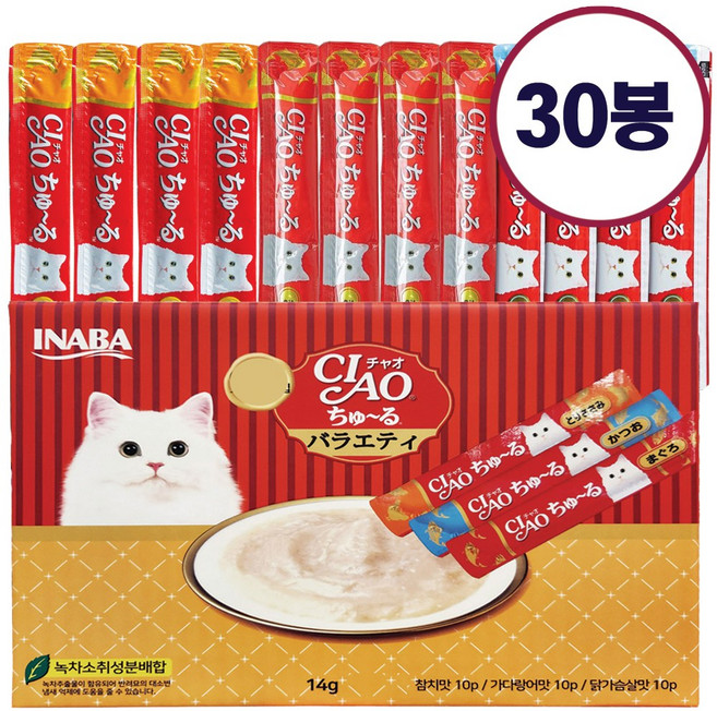 챠오 츄르 고양이 간식, 30개, 14g, 혼합맛(참치/가다랑어/닭가슴살)