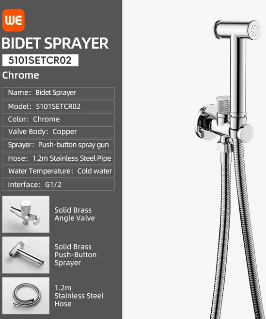 WE 황동 휴대용 비데 스프레이 세트 액세서리 브러쉬드 골드 수도꼭지 자가 위생 샤워 냉수, 01 G1 / 2, 05 Chrome SS Hose