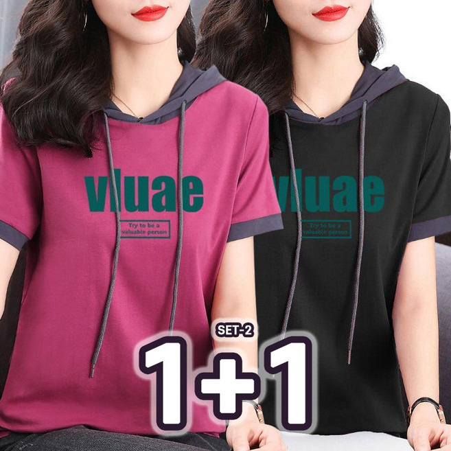 1+1 2종세트 중년 여성 순면 후드 반팔티 배색 프린트 캐주얼 여름 빅사이즈 상의 루즈핏 이너 엄마의류