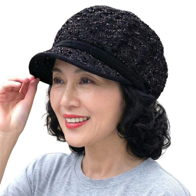 가발위드 중년 모자가발 일체형 단발 웨이브 곱슬 헤어펌 M016, 1개, 블랙+자연블랙