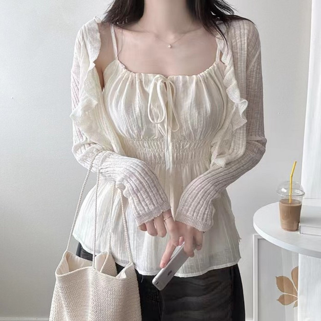 쪼예 에어리 시스루 리본 밴딩 쉬폰 나시 블라우스 탑