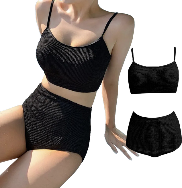 하바우 여성 체형커버 투피스 비키니 하이웨스트 수영복, FREE, 블랙