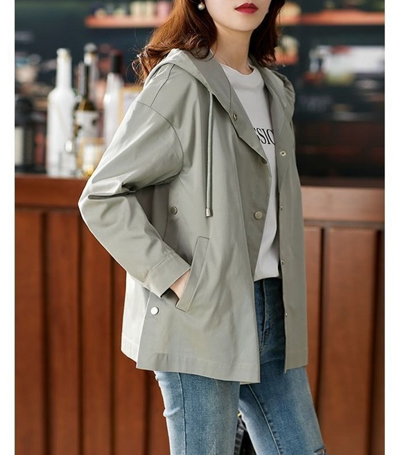 쩐쿠 봄 여성 바람막이 자외선차단 긴소매 옆트임 후드 단추 점퍼 Z123