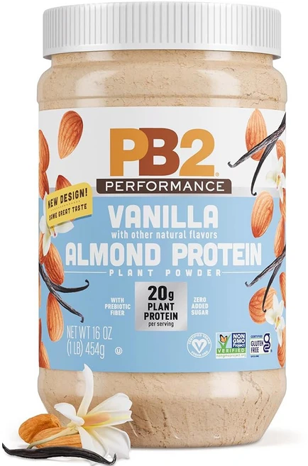 PB2 퍼포먼스 땅콩 식물 기반 단백질 파우더 | 완전 20g 무첨가 설탕 프리바이오틱 섬유 유제품 프리 인증 비GMO 글루텐 프리 [피넛 위드 더치 코코아 2파운드], Almond with Madagascar Vanilla, 1개, 454g - 쿠팡