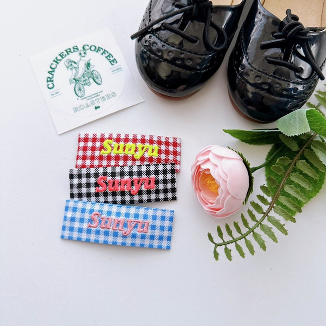 체크 네임자수 핀 똑딱삔 3개한셋트 초등여아삔 유아 아기삔 선물용 답례품