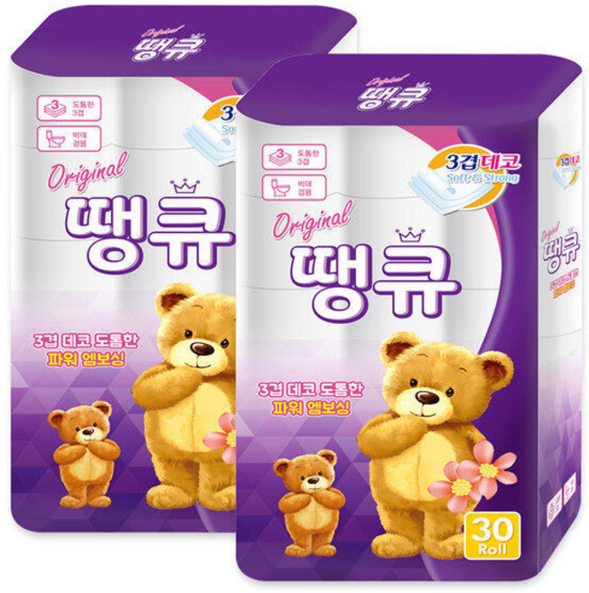 오리지널 땡큐 3겹 롤화장지 30롤 2팩, 30개, 1개