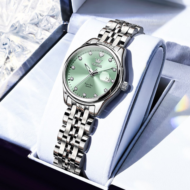 OLEVS 여성손목시계 정품쿼츠 럭셔리 큐빅 명품 워터프루프 야광 일력 메탈