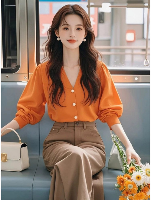 유니픽 여성 봄여름 순면 V넥 긴팔 블라우스 심플 디자인 단추 스타일ddn