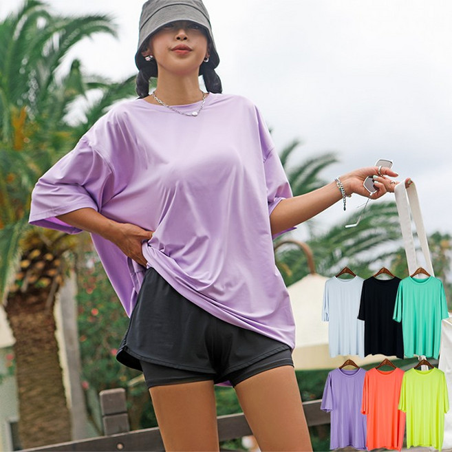 리얼 루즈핏 반팔 래쉬가드 빅사이즈 남여공용 커플 여름 비치웨어