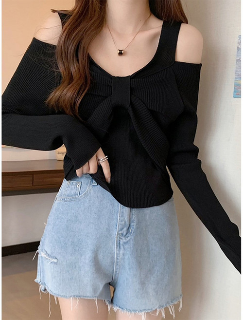 Kdragon 오프숄더 리본 긴팔 슬림핏 골지 니트