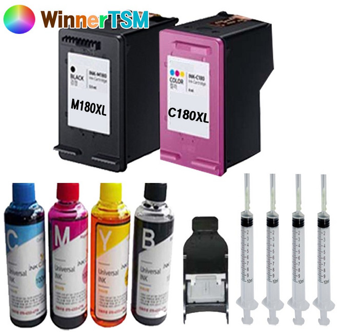 삼성 복합기 SL-J1660 용 대용량 호환잉크카트리지 (INK-M180XL+C180XL) + 약 1500매분 리필잉크세트, 1세트, (INK-M180XL+C180XL)+충전잉크셋트