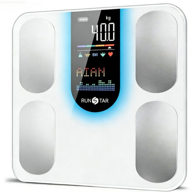런스타 체중계 컬러 듀얼스크린 가정용 체중계 체지방측정 몸무게 체중계 스마트 블루투스 디지털 전자 체중계 체성분 분석 가능, 화이트, 1개, YS-SS-4V1