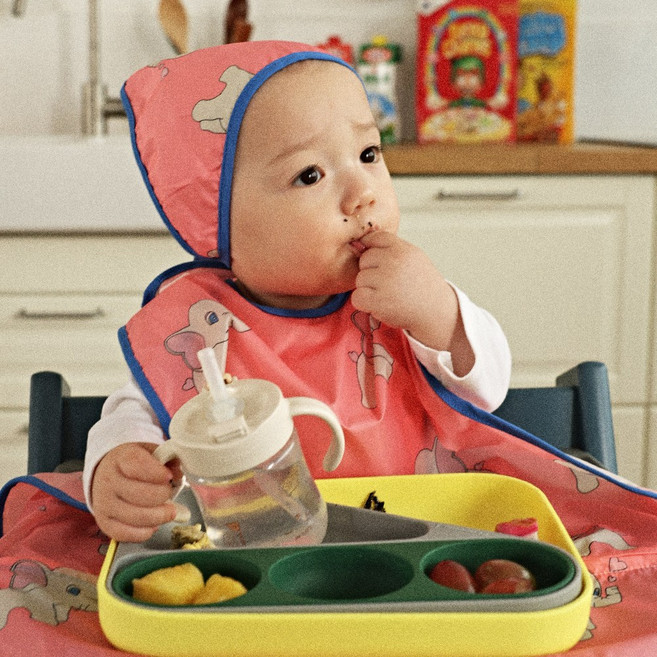 오우아스튜디오 자기주도 이유식 턱받이 식탁일체형 2way 지퍼형, 1개, 1개입, 멀티 나시형 더비 핑크