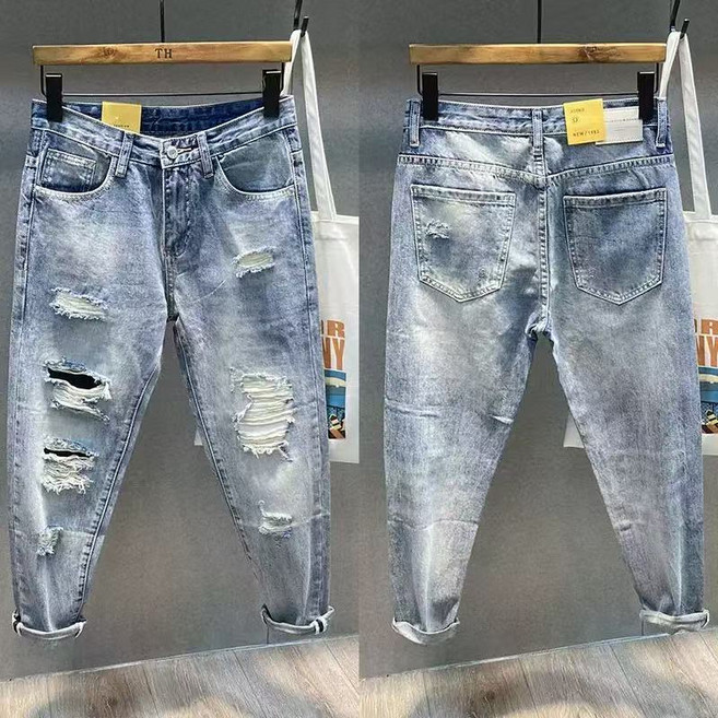 십전십미 봄가을 찢청 청바지 남성 캐주얼 배기 청바지