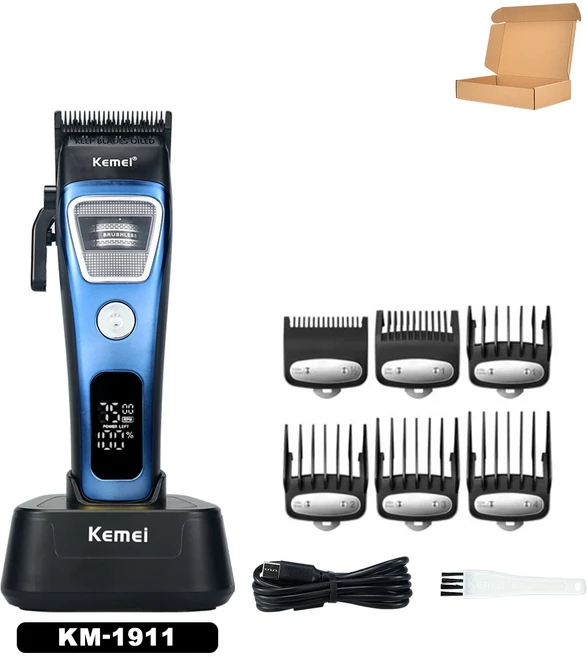 케메이 KM-1911 남성용 전문 헤어 클리퍼 DLC 블레이드 외부 로터 브러시리스 모터 베이스 충전기 디스플레, 04 Blue