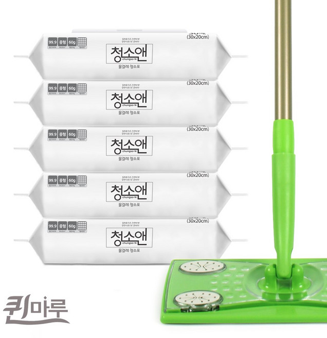 퀸마루 깔끔 필수 물걸레 청소포 5팩 150매 밀대 세트, 1세트