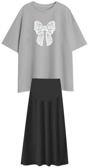 임산부 여름 롱스커트 세트 임부 루즈핏 리본 반팔 티셔츠 + 롱치마 캐주얼 임부복 상하의 세트 LCL