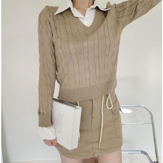 [셔츠+니트일체형] 페이크카라부들꽈배기니트 4color 깔끔단정4계절입기좋아요신축성