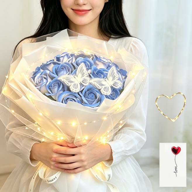 Belua 몽환 레이스 나비 조화 꽃다발 쇼핑백 LED전구 카드 포함 졸업식 학예회 입학식 화이트데이 선물, 블루, 1개