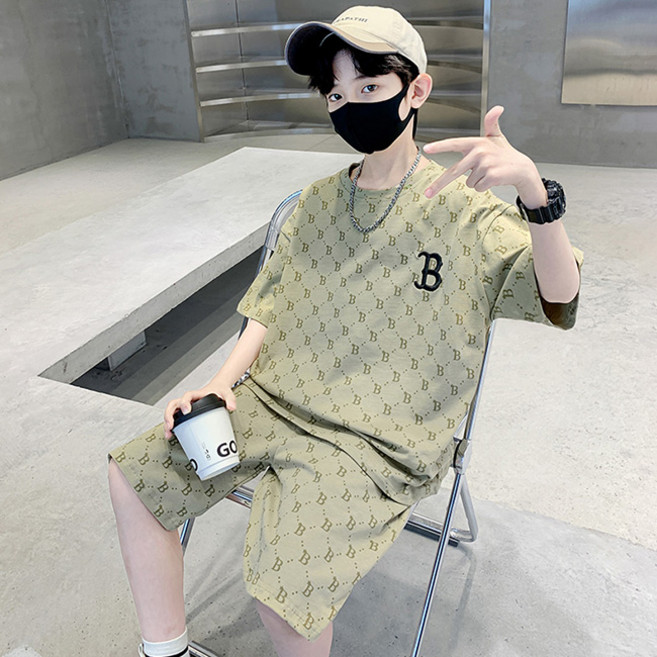 비비키드 주니어 남아 여름 B 패턴 상하복 주니어 세트 초중생 반팔티 초등생 반바지 세트 (9566)