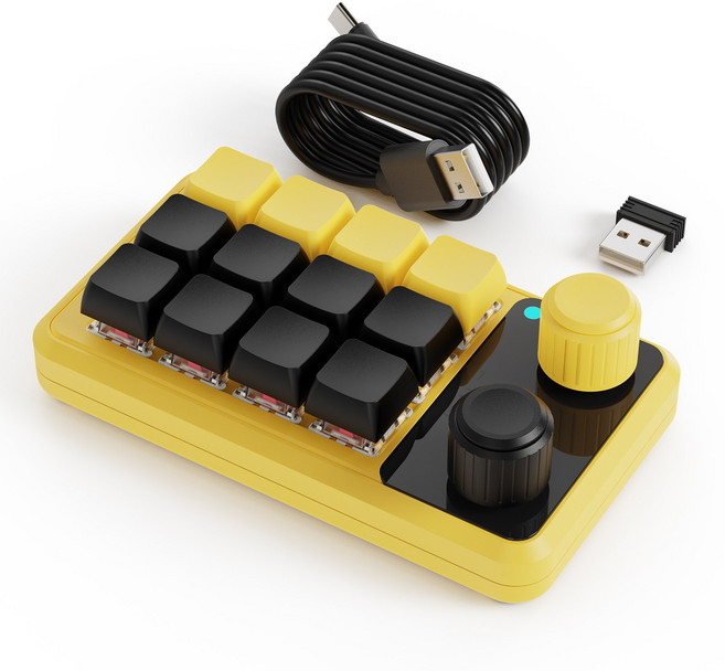 스카이 12키 2노브 기계식 단축키 키보드 프로들의 필수 한손키보드 프로그레밍 매크로 키보드 RGB 유선형 블루투스형 2.4G 디자인너 전문가 직장인 적용 단축기 포토샵 영상 편집, 노란색, 블루투스, 적축