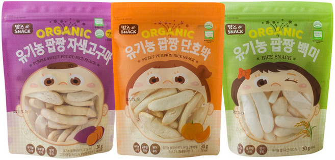 맘스스낵 유기농 팝짱 3종세트 단호박 자색고구마 백미 떡뻥 쌀과자, 30g, 1개
