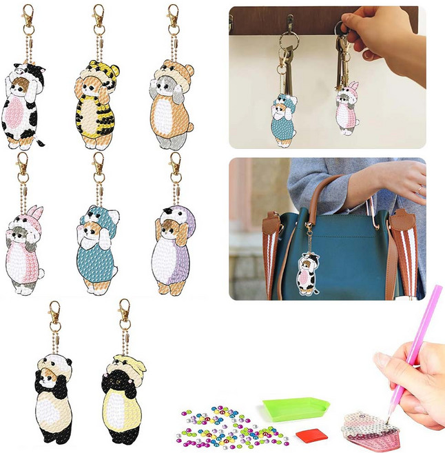 루베이 보석십자수 DIY 양면 키링 만들기 세트 스트레스 해소 집중력 향상 아이/어른/초보자, 8개, 채색