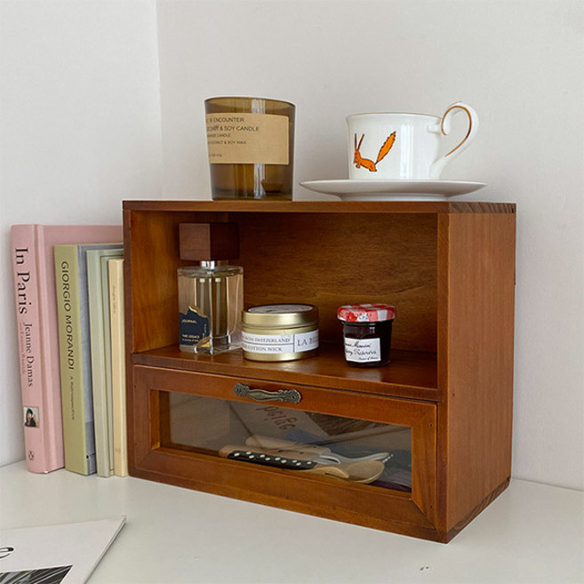 원목 홈카페 컵보드 2단 수납장 미니 장식장 빈티지 주방 정리함, 브라운