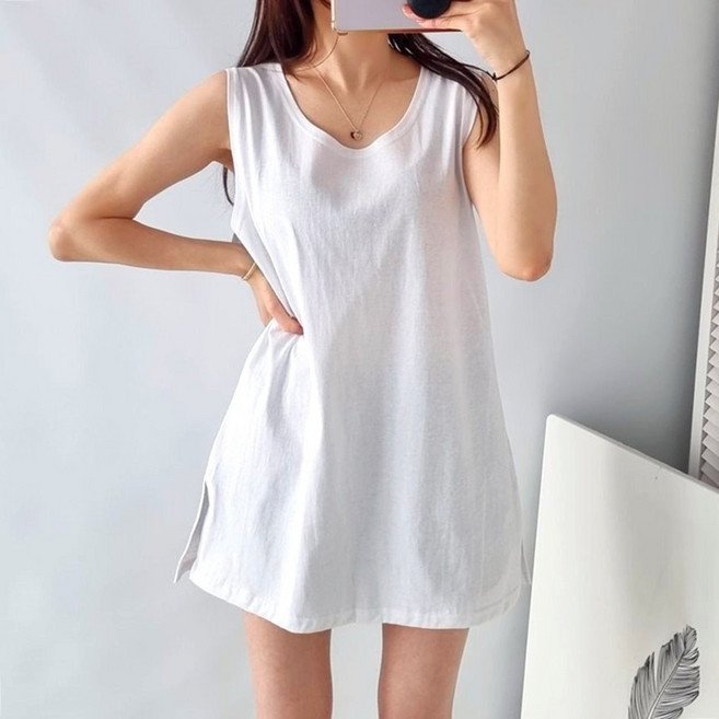 여성 레이어드 옆트임 라운드넥 면100% 오버핏 롱 민소매 나시티