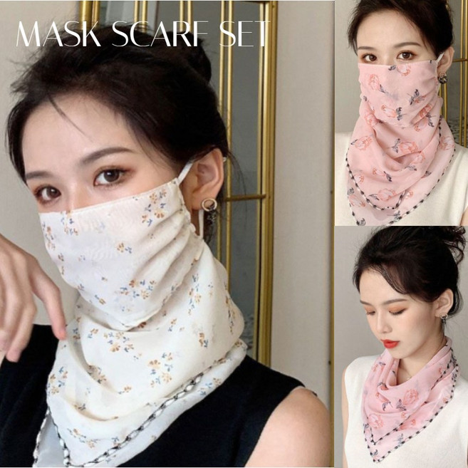 [1+1] 여성 숨쉬기편한 쉬폰 플라워 골프 등산 스카프 마스크
