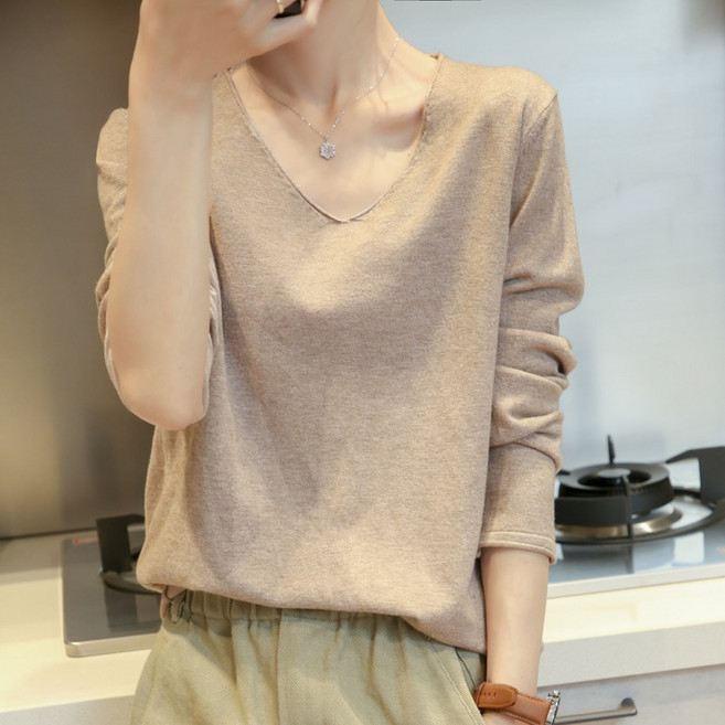 유니픽 여성 봄 시즌 순면 V넥 긴팔 티셔츠 심플 루즈핏djz