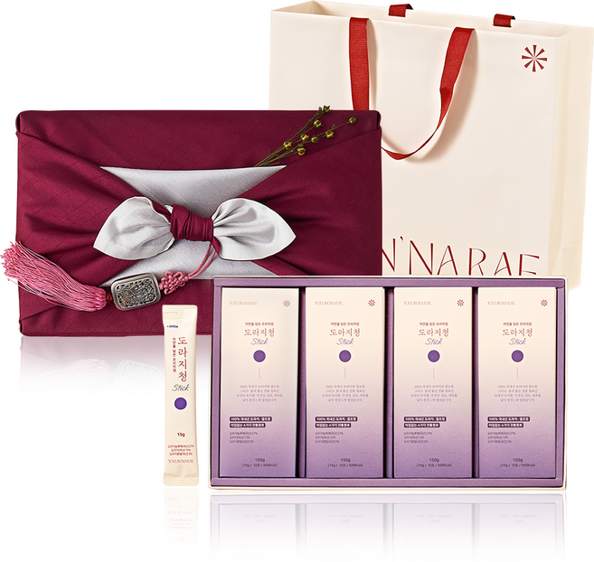 [쇼핑백+보자기포장] 조은나래 국산 도라지청 스틱 진한빨강 보자기포장 설날선물세트, 15g, 1세트, 40개입