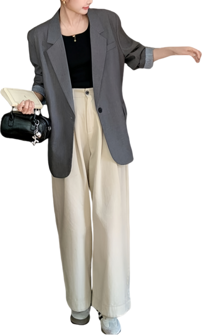 Makone 여성 봄 가을 스트라이프 소매 루즈핏 정장 자켓