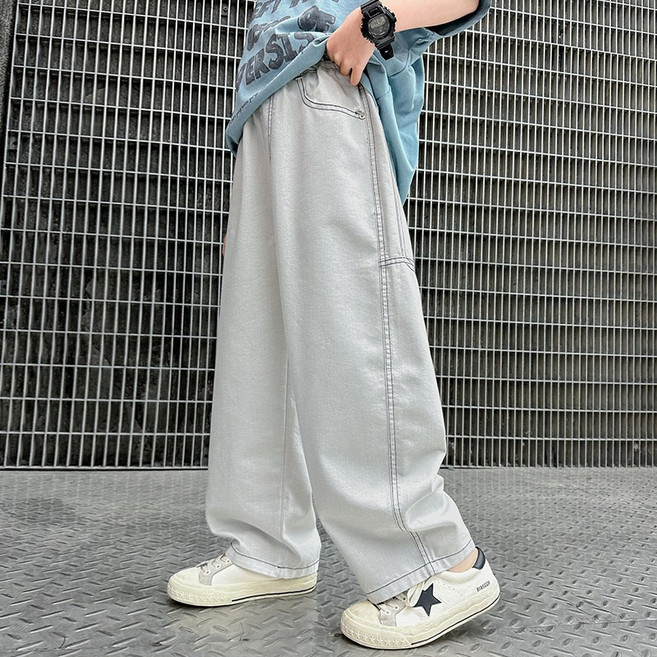 AA1943 남아 주니어 초등 키즈 아동 여름 봄 가을 얇은 자외선 차단 면 혼방 청 데님 통기성 조거 카고 긴바지 팬츠