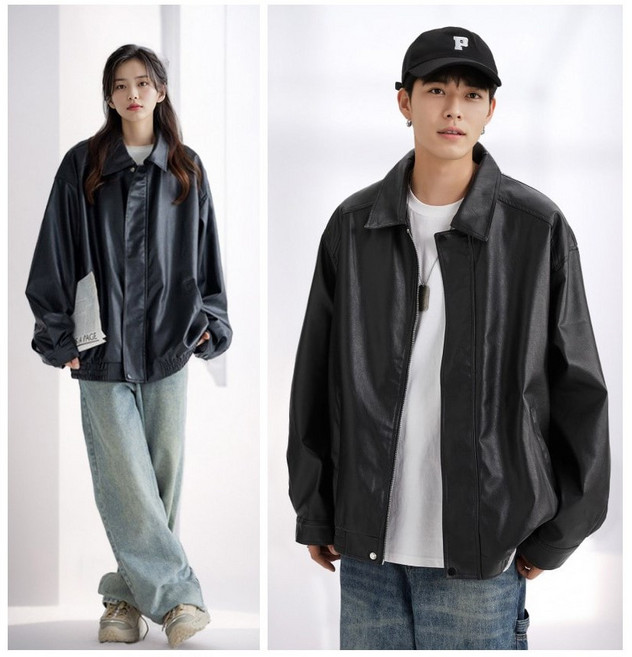 남녀공용 오버핏 카라 가죽자켓 레더 레자 라디어 블루종 점퍼