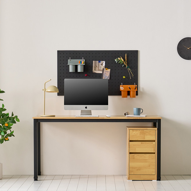 데스크 사무용 철제 일자 책상 1500, 블랙/내추럴